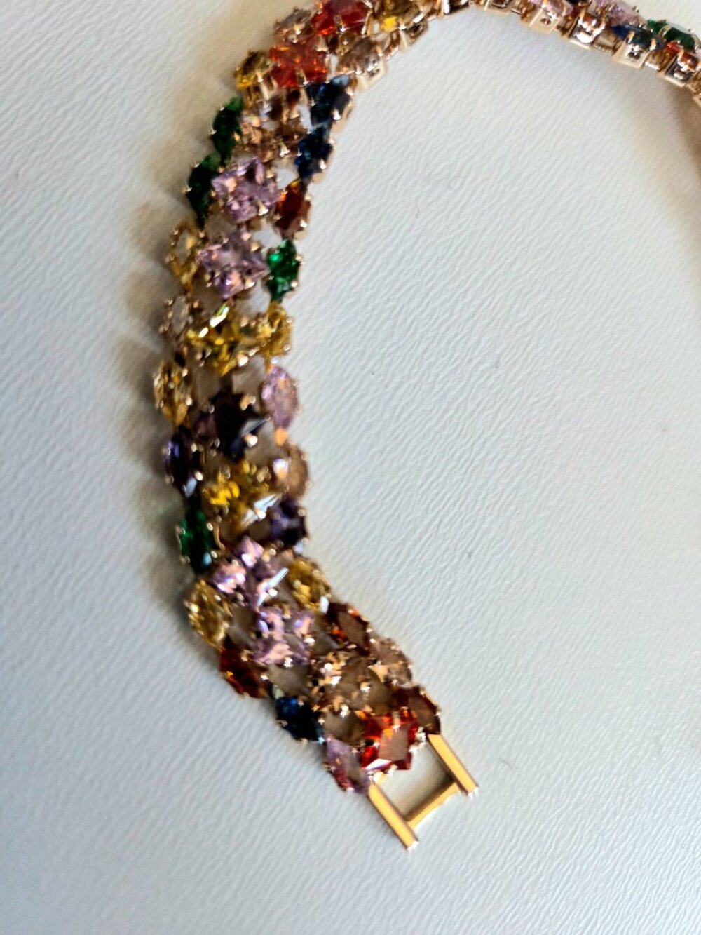 Gold tone tennis link bracelet with multicolored gems rhinestones crystals - Picture 4 of 6